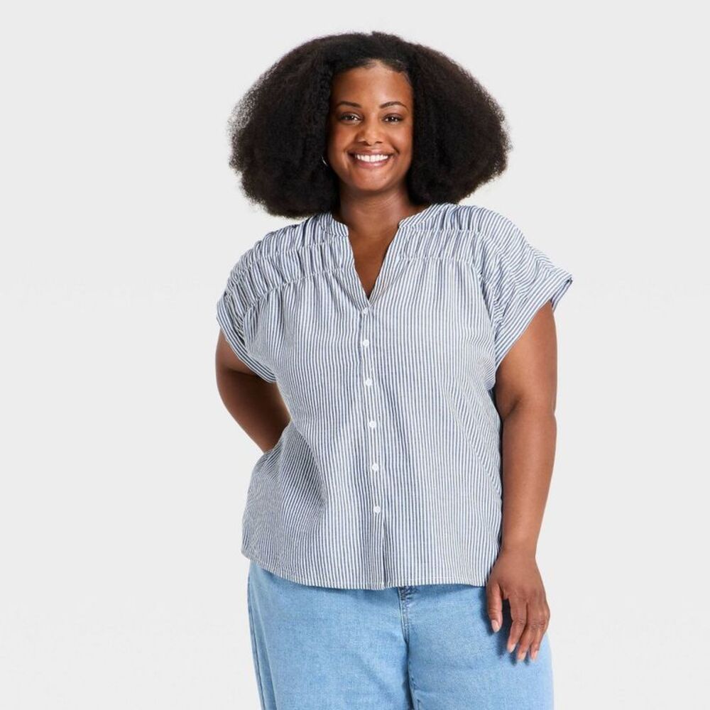 Women's Dolman Short Sleeve Smocked V-Neck Top - Navy Blue Striped (2X)